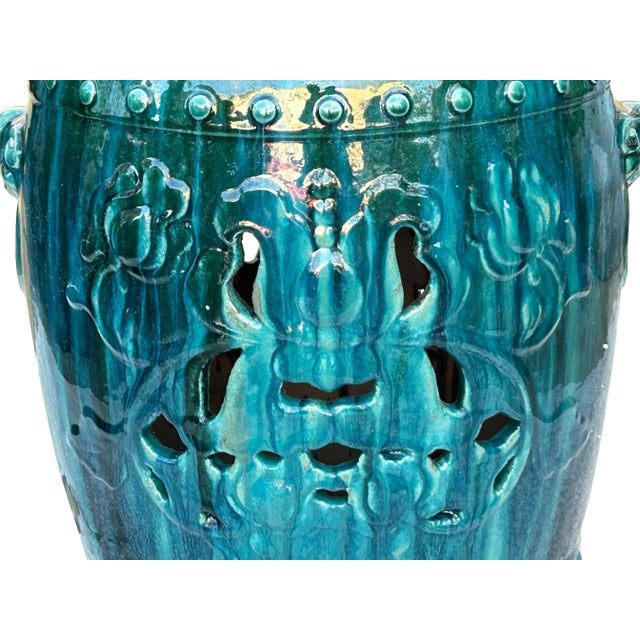 2010s Asian Green Turquoise Glaze Round Lotus Pattern Ceramic Garden Stool Table For Sale - Image 5 of 6