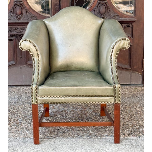 English English Library Wing Back Chair of Upholstered Leather and Walnut For Sale - Image 3 of 9