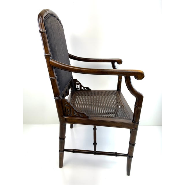 Brown 1960s Chinoiserie Faux Bamboo Armchair With Cane Seat and Upholstered Back Panel For Sale - Image 8 of 8