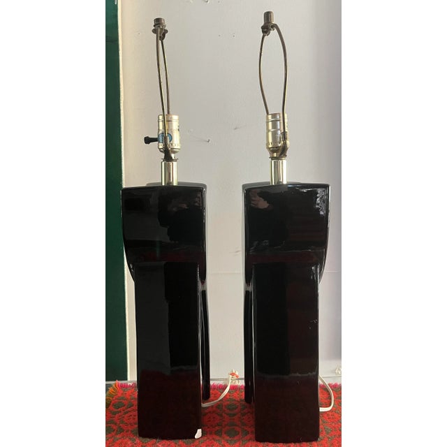 Vintage Deco Inspired Ceramic Lamps, Glossy Black Botanic Motif Pair For Sale In New York - Image 6 of 10
