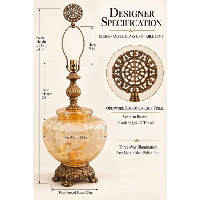 Vintage Etched Amber Glass Rose Urn Lamp With Illuminated Base and Pleated Shade For Sale - Image 10 of 10