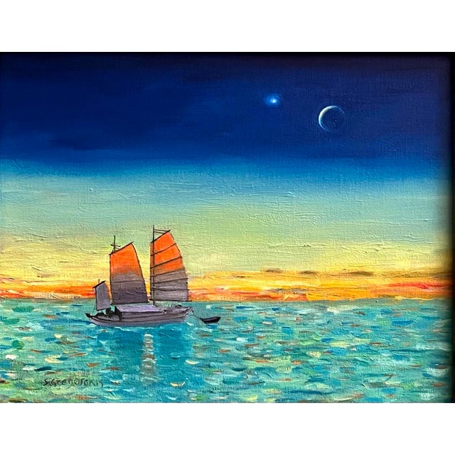 Oil painting on canvas board of a Chinese junk at sea, its sails illuminated by the setting sun, a crescent moon and...