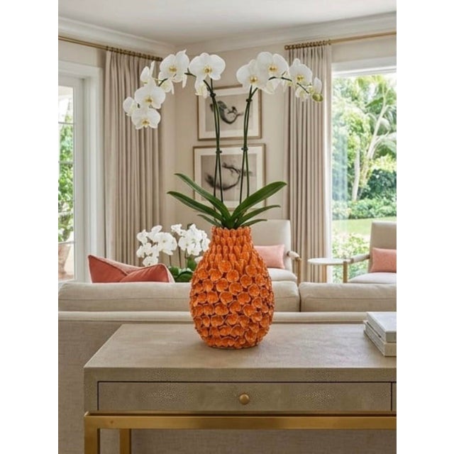 Orange Vintage Mid-Century Italian Ceramic Floral Blossom Vase – Vibrant Orange Glaze For Sale - Image 8 of 12