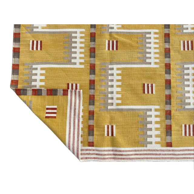 Casa Cosima Handwoven Cotton Area Rug Natural Vegetable Dyed Mustard Beige Cream & Red Marianne Geometric Dhurrie - 10'x14' For Sale - Image 4 of 10
