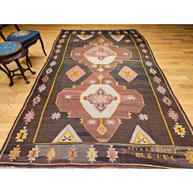 Vintage Turkish Kilim Rug, Handwoven Wool, Chocolate Brown, Pale Green, 7x11 For Sale In Chicago - Image 6 of 15