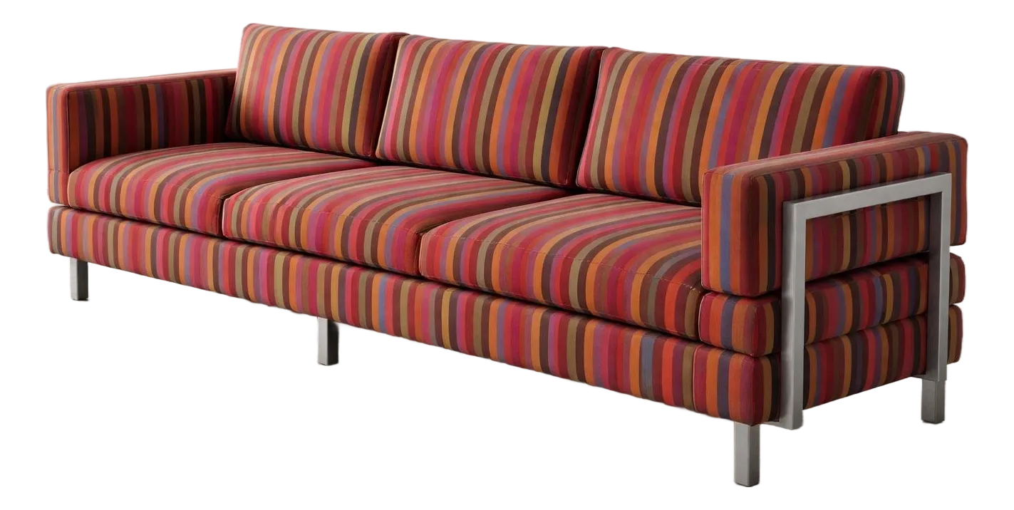 Modern Striped Sofa With Exposed Brushed Metal Frame Detail, Late