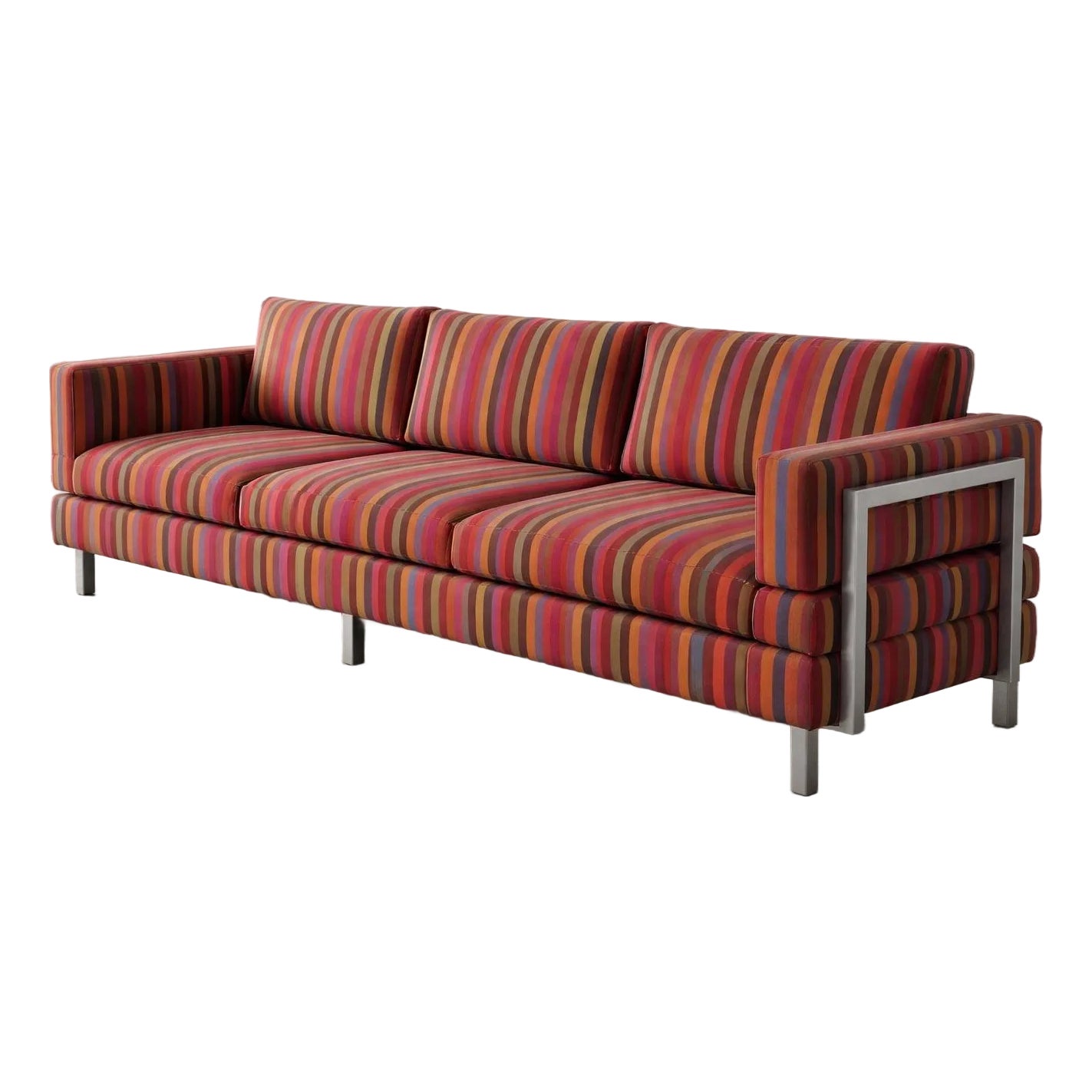Modern Striped Sofa With Exposed Brushed Metal Frame Detail, Late
