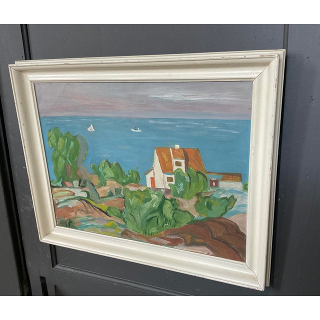 Capture the serene, atmospheric beauty of coastal northern Europe with this vintage mid-century modern original artwork....
