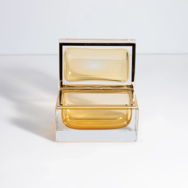 Amber Hand Blown Murano Glass Box in Amber With 24 Karat Gold Flecks and Brass Fittings For Sale - Image 8 of 9