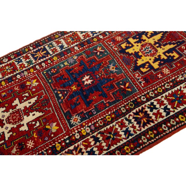 Handmade Wool Antique Runner Caucasian Kazak With Multicolor Design For Sale - Image 4 of 7