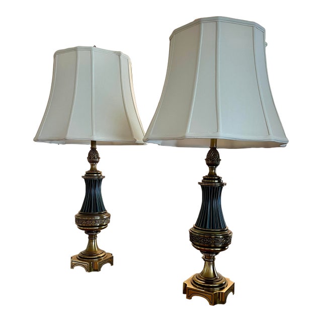 Vintage Brass Pineapple Table Lamps Lighting in Black With Brass With Shades - a Pair For Sale