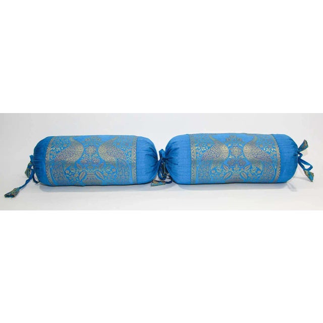 Bolster Pillows Turquoise Blue and Gold Colors with Peacock - A Pair For Sale - Image 9 of 13