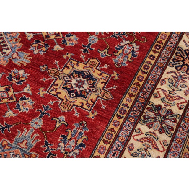 1990s Shabby Chic Tribal Super Kazak Red/Beige Wool Rug - 5'7'' X 8'9'' For Sale - Image 5 of 10
