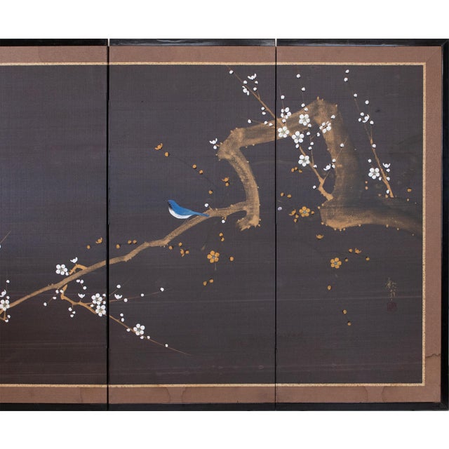 Japanese 1960s Shōwa Era Japanese Silk Byobu Screen, Blue-and-White Flycatcher and Sakura For Sale - Image 3 of 16