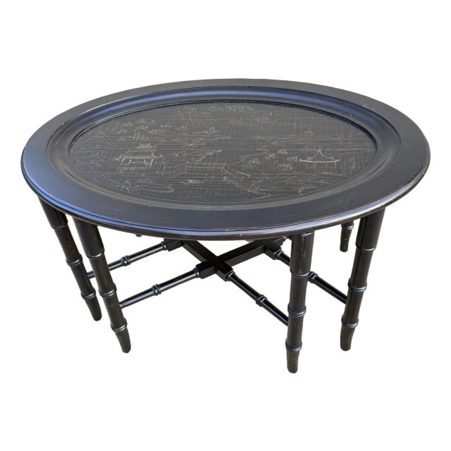 Ethan Allen Black Chinoiserie Oval Tray Table For Sale