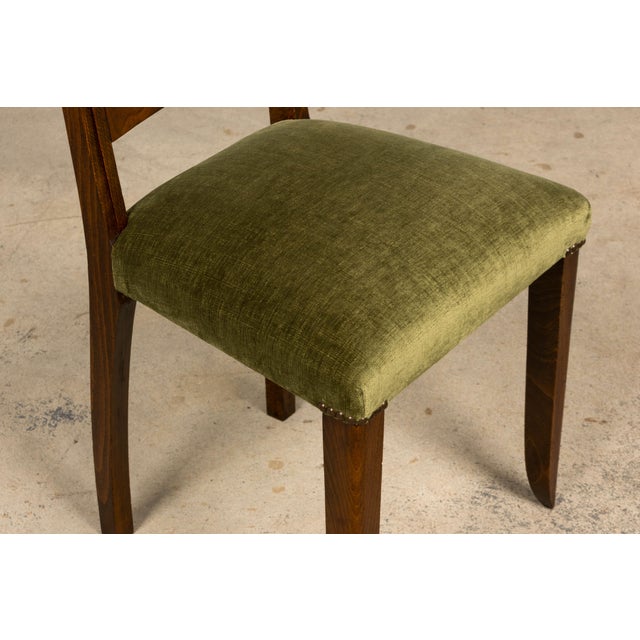 Set of 6 French Art Deco Walnut Dining Chairs in Olive Green Velvet, 1930s For Sale - Image 12 of 18