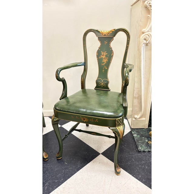 Animal Skin Mid-Century Chinoiserie Green Leather Arm Chairs - Queen Anne Style For Sale - Image 7 of 10