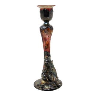 Glass Candlestick Holder With Sterling Silver Sculptural Overlay For Sale