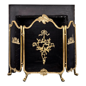 Antique Ornate Louis XVI Style French Provincial Brass Trifold Fireplace Screen