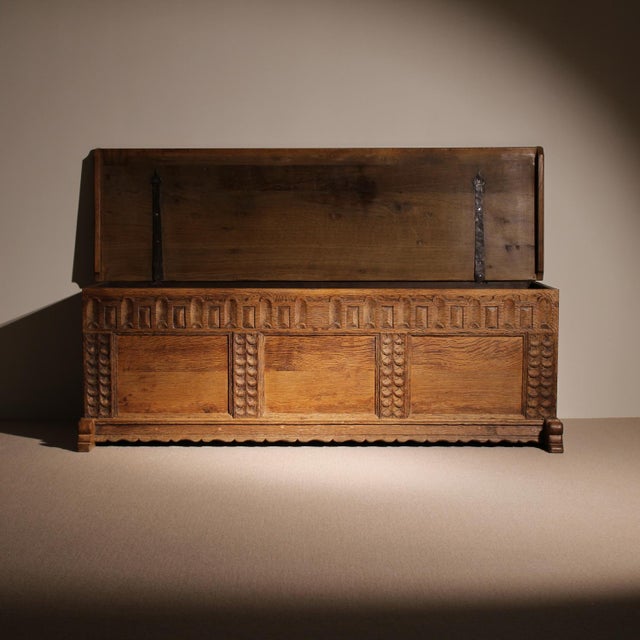 German Handcrafted Oak Chest with Rustic Carvings For Sale - Image 9 of 17