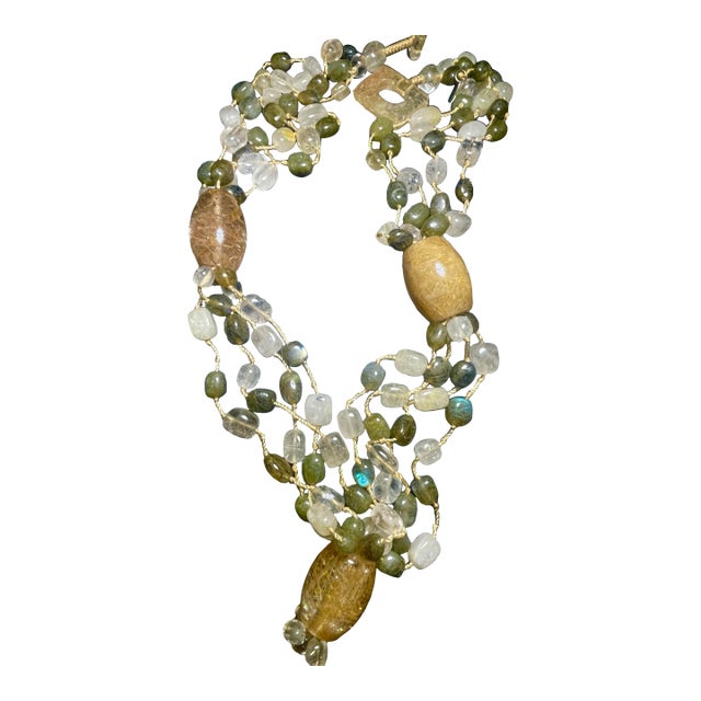 Gemstone Necklace Four Strand, Contrasting Rutile Quarts and Labradorite With Large Barrel Beads of Golden Rutile Quartz and Stone Clasp. For Sale