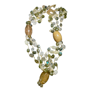 Gemstone Necklace Four Strand, Contrasting Rutile Quarts and Labradorite With Large Barrel Beads of Golden Rutile Quartz and Stone Clasp.