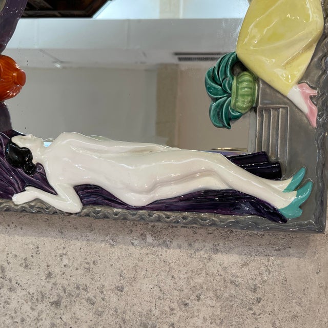 Keramos Vienna Manufactory Anton Klieber Mirror Frame Im Art Deco Style With Two Female Figures and Curtain, a Lantern and Green Plants,Keramos, Vienna, 1949 For Sale - Image 4 of 12