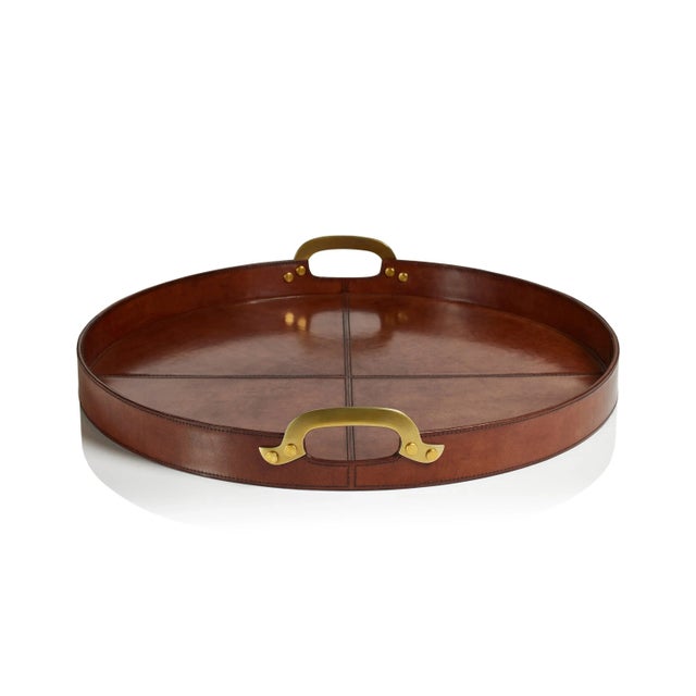 Harlow Leather with Brass Handles Round Tray, 24" For Sale In Los Angeles - Image 6 of 6