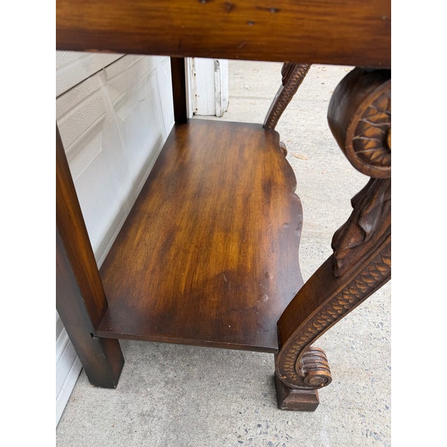 Vintage Neoclassical Revival Console Table With Ornately Carved Scroll Supports and Lower Shelf For Sale - Image 11 of 12