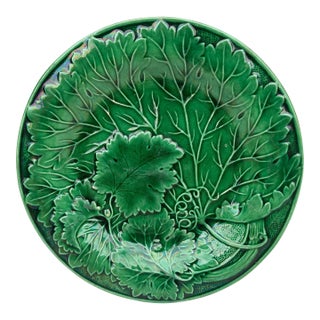 French Green Majolica Leaves Plate Montereau, Circa 1890 For Sale