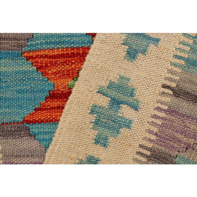 Gray Tribal Turkish Kilim Beige Blue Hand-Woven Wool Rug For Sale - Image 8 of 9