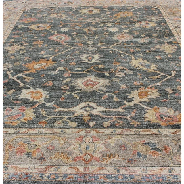Shabby Chic Keivan Woven Arts Angora Turkish Oushak Rug in Dark Green, Silver Gray, Orange, and Hints of Pink For Sale - Image 3 of 10