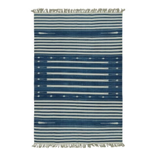 Rug & Kilim's Contemporary Dhurrie Rug with White and Blue Stripes - 13x19 For Sale