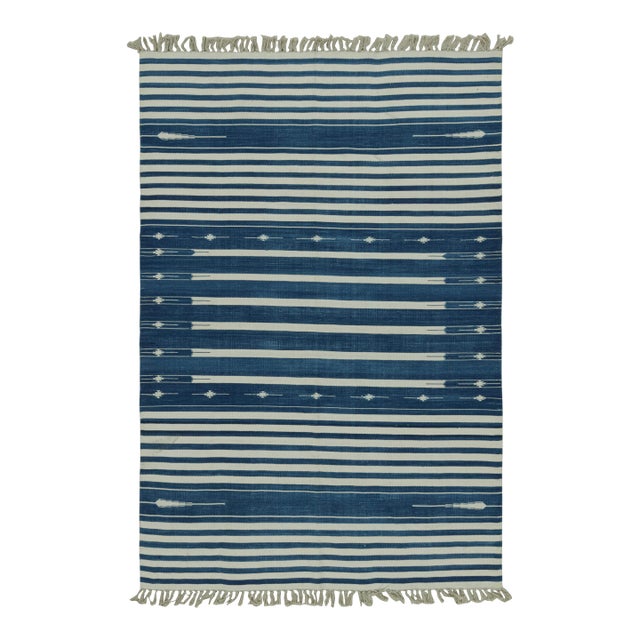 Rug & Kilim's Contemporary Dhurrie Rug with White and Blue Stripes - 13x19 For Sale