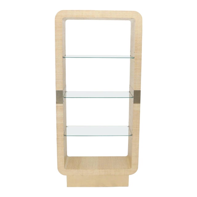 Raffia Cloth Finished Rounded Angles Étagère Display Unit Glass Shelves For Sale