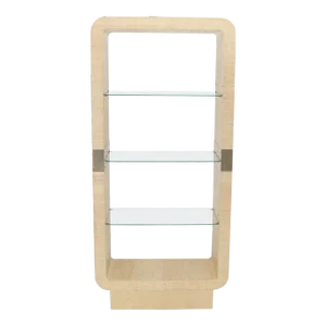 Raffia Cloth Finished Rounded Angles Étagère Display Unit Glass Shelves