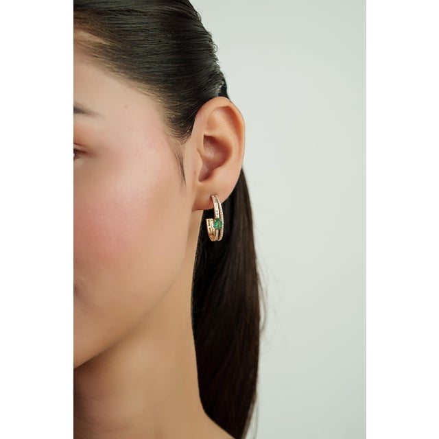 Emerald & Diamond Double Row Art Deco Hoop Earrings in 14k Yellow Gold- A Pair For Sale - Image 9 of 13