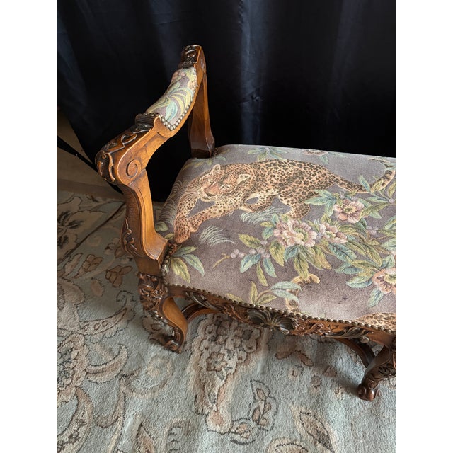 Late 20th Century Louis XV Style Carved Wood Window Bench in Leopard & Floral Tapestry For Sale In Phoenix - Image 6 of 12