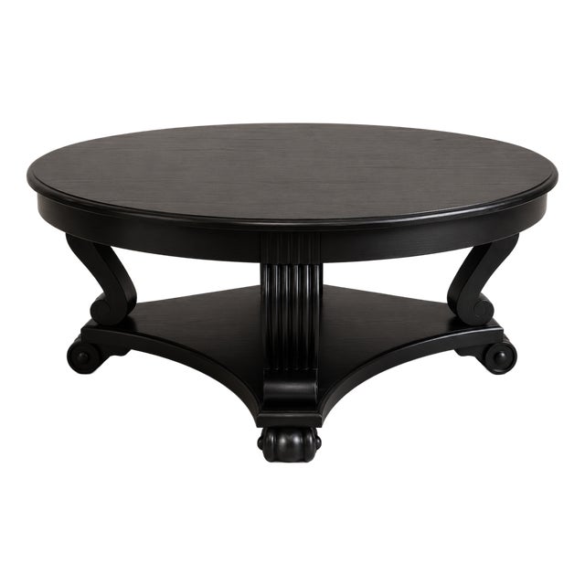 Vintage Black Round Pedestal Coffee Table With Casters For Sale