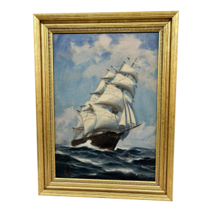 T. Bailey “Ship at Sea – Blue Sky, White Clouds” Oil Painting – 12.5” X 16.5” Framed