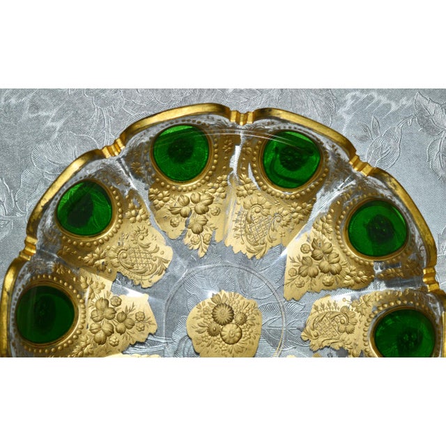 Vintage Pair of Bohemian Moser Style Dishes Etched Emerald & Gold Glass For Sale In Philadelphia - Image 6 of 12