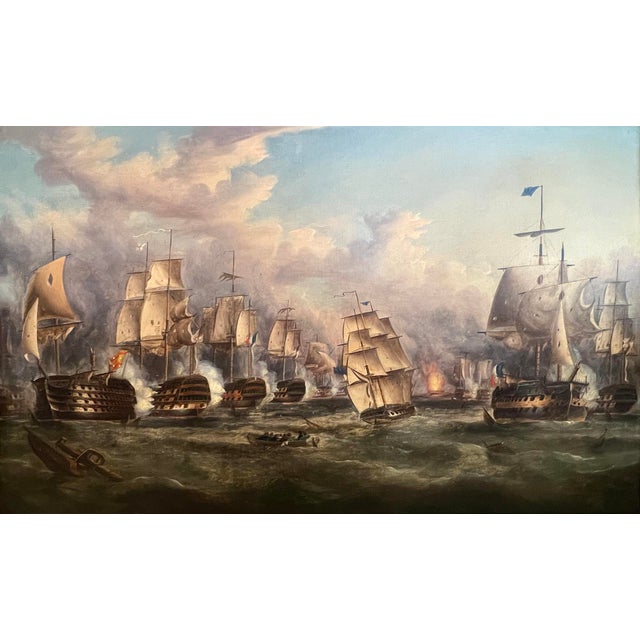 depicts an hour into the Battle - HMS Victory is to the left, with the French ship the Redoubtable, and HMS Temeraire,...