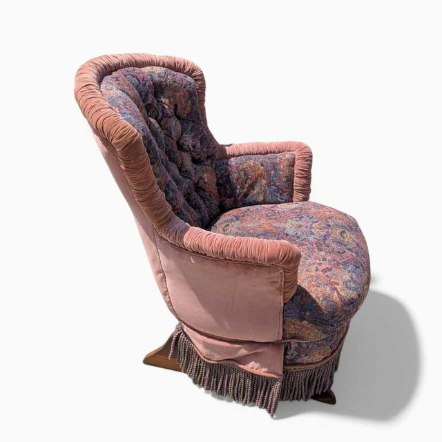 Antique Tufted Rocking Chair, Custom Upholstered Victorian Accent Chair With Fringe Trim & Floral Velvet Fabric For Sale - Image 12 of 12