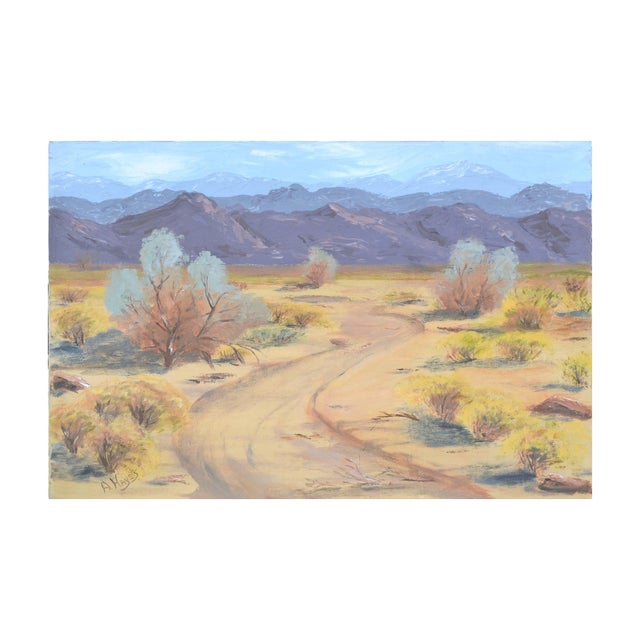 Gorgeous mid-century landscape of a path winding through a Palm Springs desert scene showcasing the arid ecosystem and...