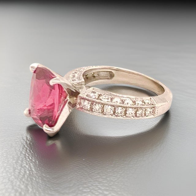 Diamond Tourmaline Rubellite Ring 3 Platinum 3.72 TCW Certified For Sale - Image 9 of 17