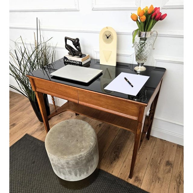 Mid-Century Art Deco Italian Walnut Burl Glass Writing Desk Table, 1940s For Sale - Image 3 of 10
