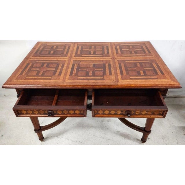 Antique Library Dining Table English 4 Drawer W Glass Top For Sale - Image 4 of 12