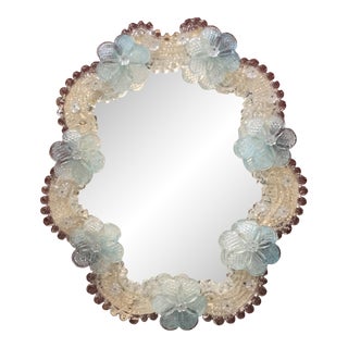 Vintage Murano Glass Standing Vanity Mirror in Baby Blue and Crystal Colored Glass For Sale
