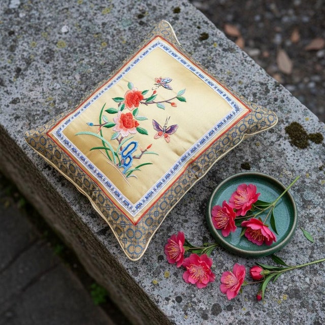 Vintage Chinese Silk Embroidered Pillow-Beijing-Peony Butterfly-Chinoiserie-Asia For Sale - Image 6 of 10