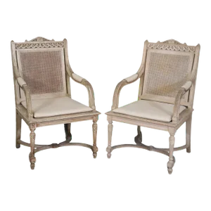 Cane Back Antique White Paint Decorated Louis XVI Style Armchairs Dini - A Pair